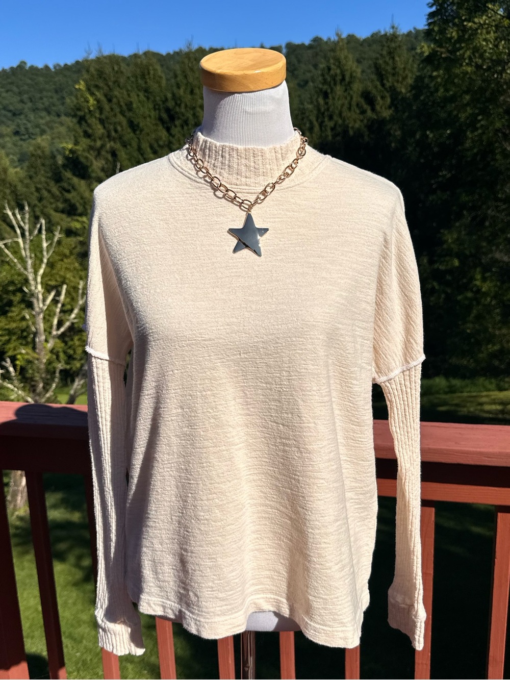 Amadi Anthropologie Cream Ribbed Long-Sleeve Mock Neck Knit Top